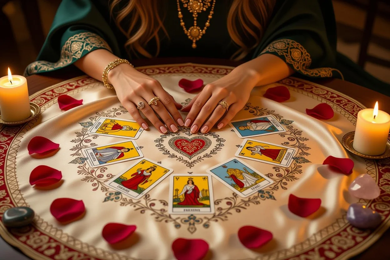 恋愛関係の悩みを解決するタロットスプレッドとバラの花びらの画像