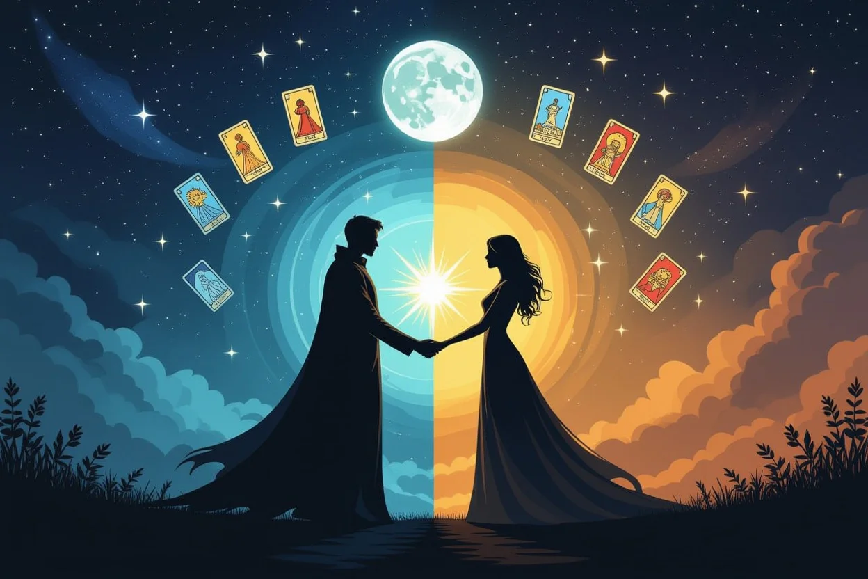 タロットの力でカップルの影が光に変わる過程を表現したスピリチュアルな画像