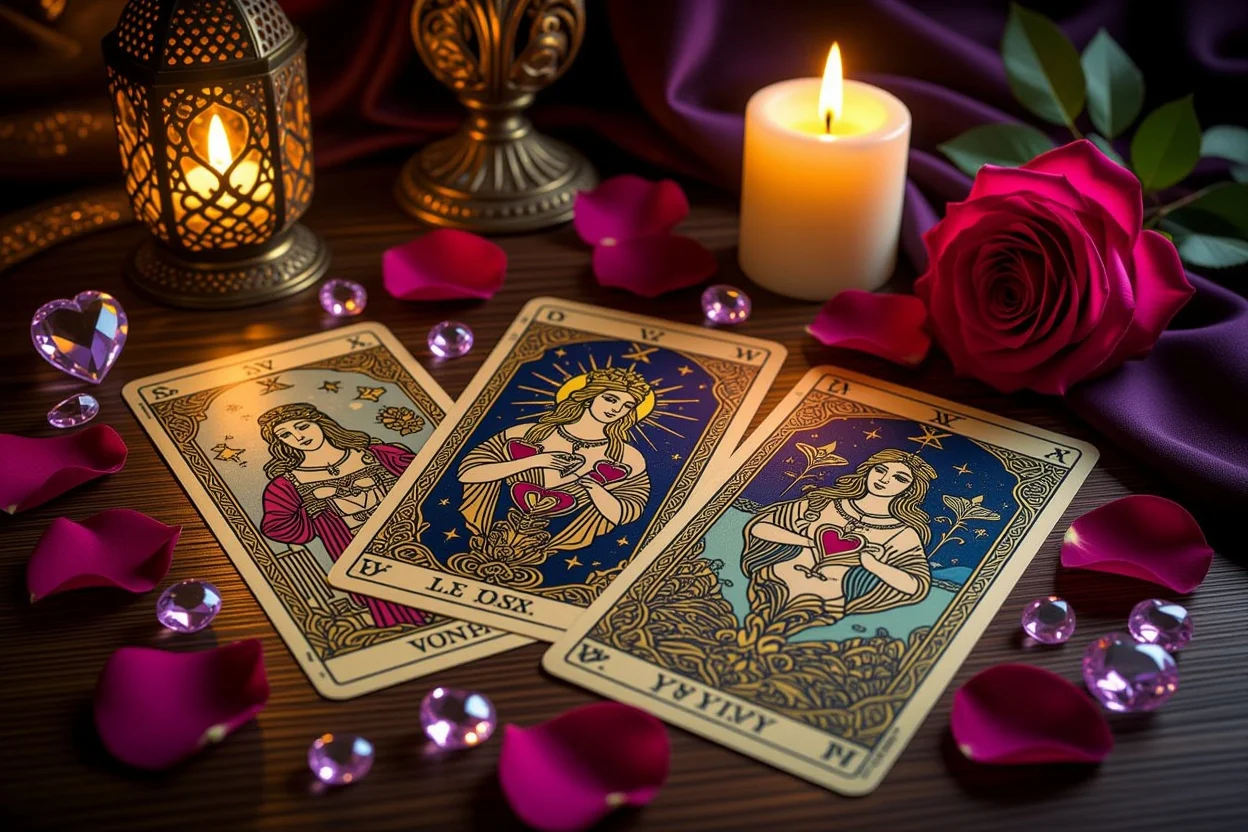 恋愛タロットカードのスプレッド、ろうそくの光に照らされた神秘的な占い