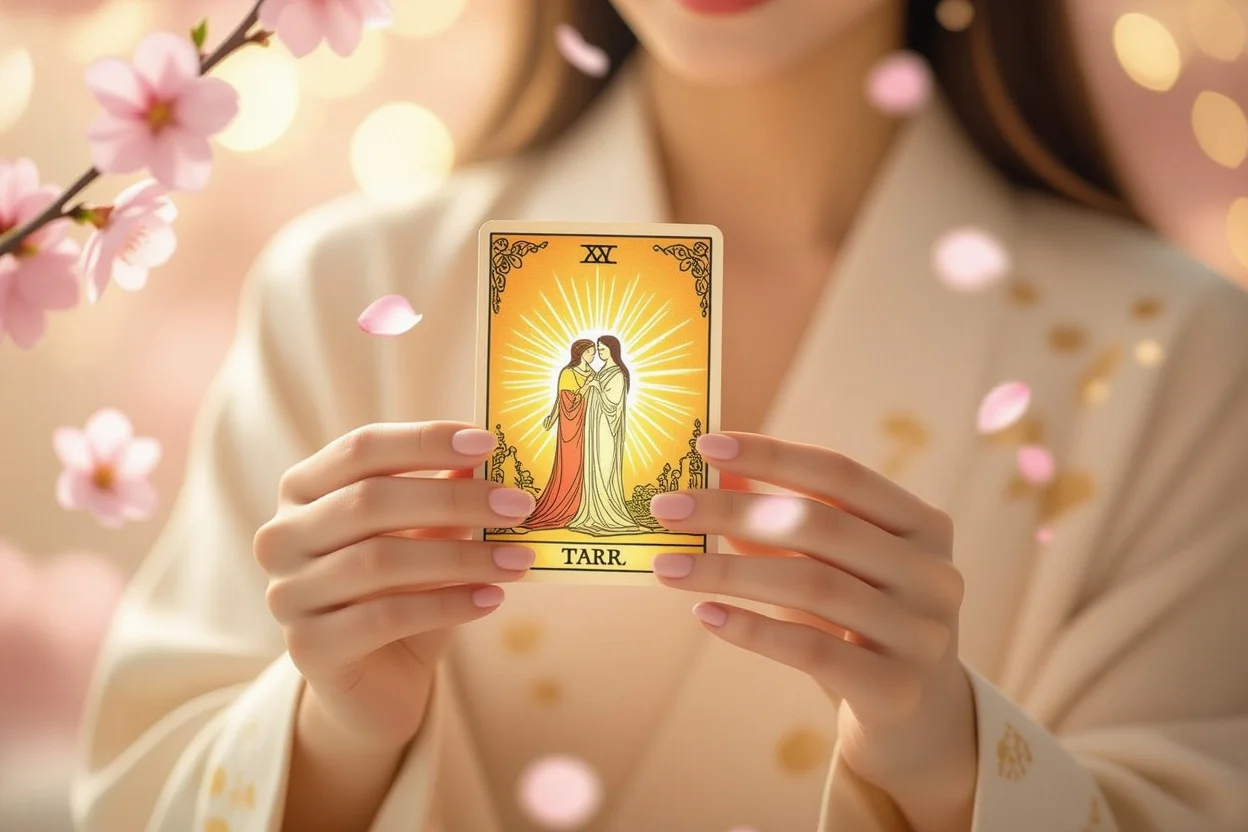 恋愛タロットカードを持つ手、ラバーズカードが光る様子