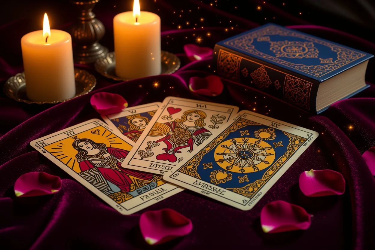 恋愛タロット占いのカードスプレッド、キャンドルの光で照らされた神秘的な雰囲気