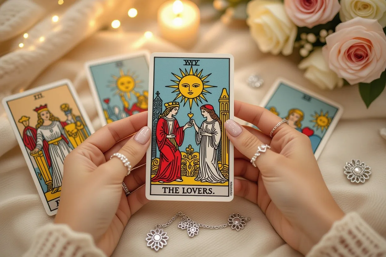 恋人のタロットカードを持つ手、恋愛運と結婚運を占う神秘的なシーン