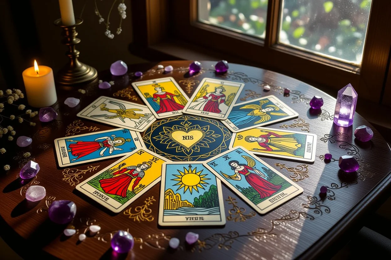 恋愛専用タロットスプレッド、ハート型に配置されたカードで二人の未来を占う