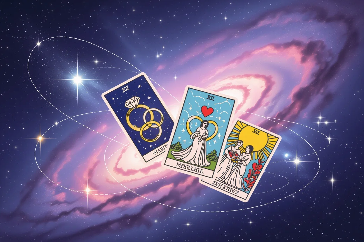 宇宙空間に浮かぶ結婚運タロットカード、運命と愛の導きを表現した幻想的なイメージ