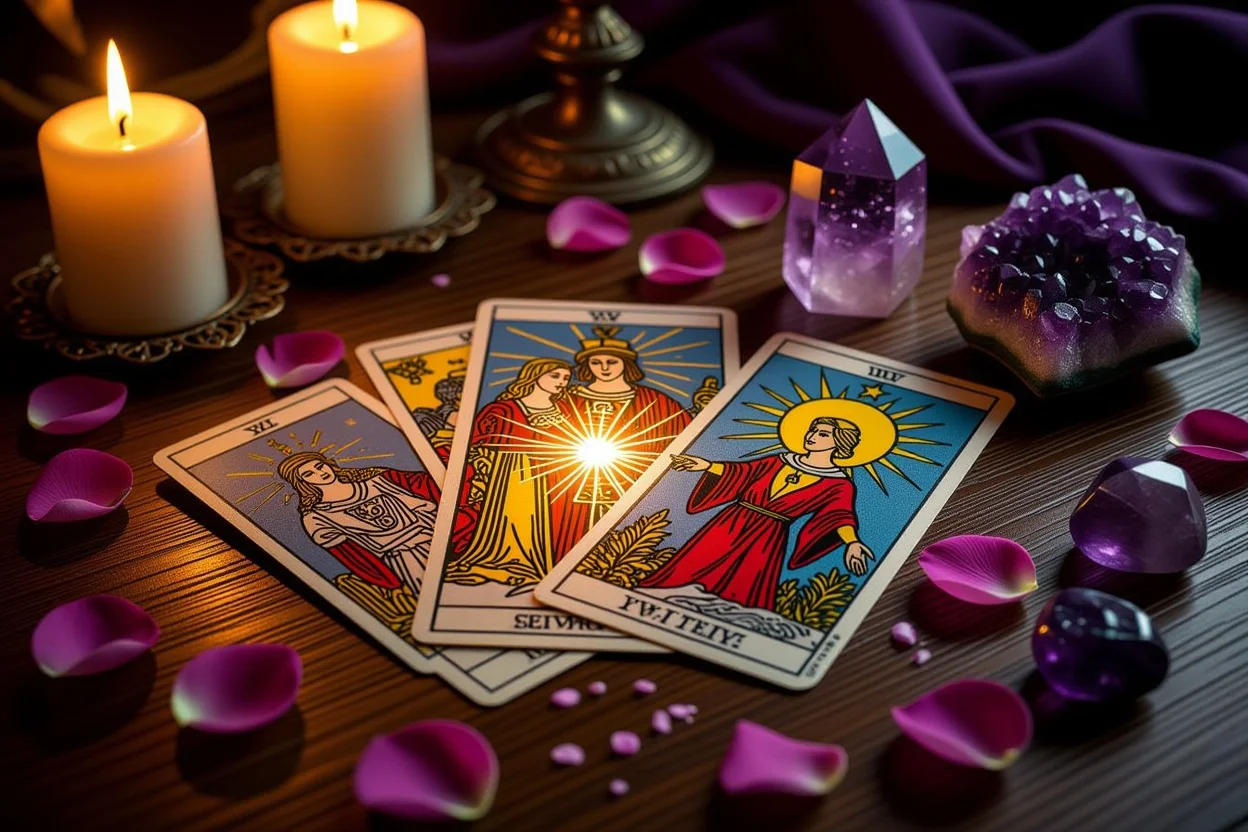 恋愛タロットカード占いの神秘的なシーン、運命の相手を探すタロットリーディング