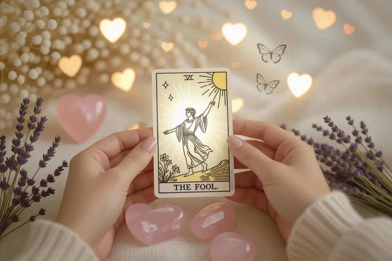 愚者のタロットカードを持つ手、新しい恋愛の始まりと運命の出会いを象徴