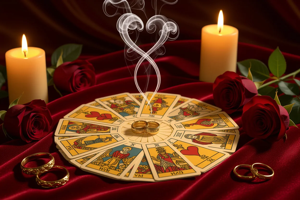 ロマンチックなタロット占いセッティング、真実の愛と運命の相手を見つけるための神聖な空間