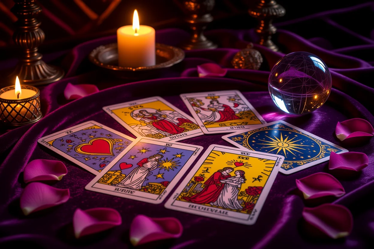 恋愛タロットカードの神秘的なリーディング風景、ハートと愛のシンボルが描かれたカード