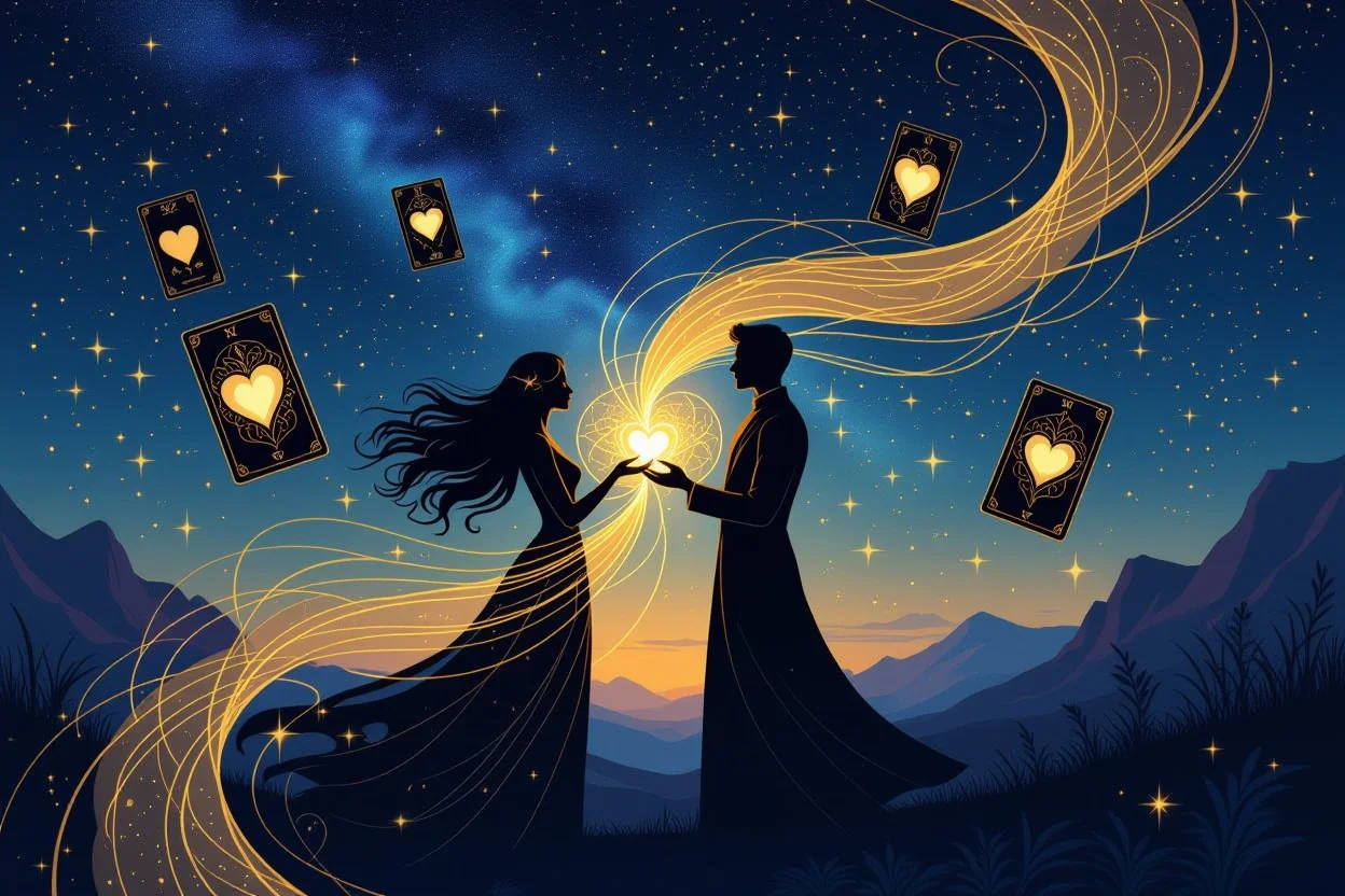 タロットカードで繋がる二人の心の深層心理を表現した幻想的なイメージ