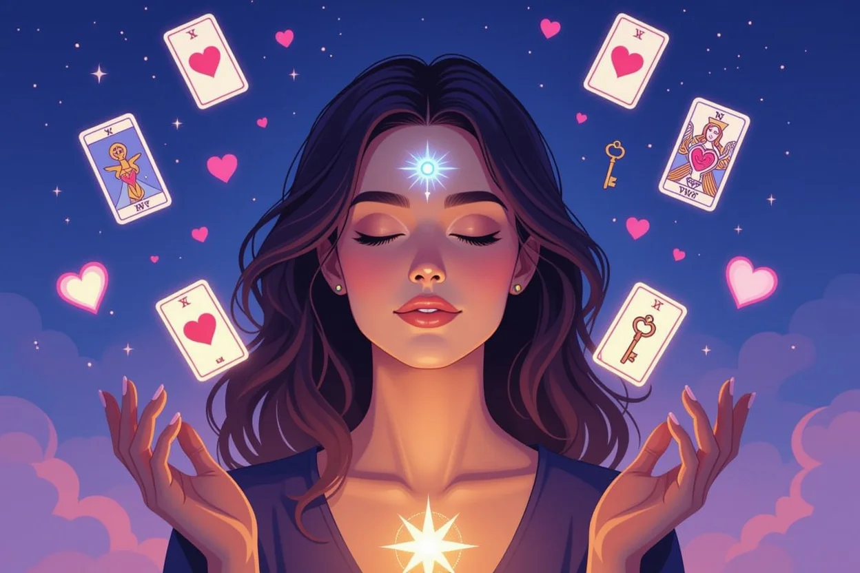 恋愛の本音と深層心理を読み解くタロット占い師の直感的な洞察力を表現