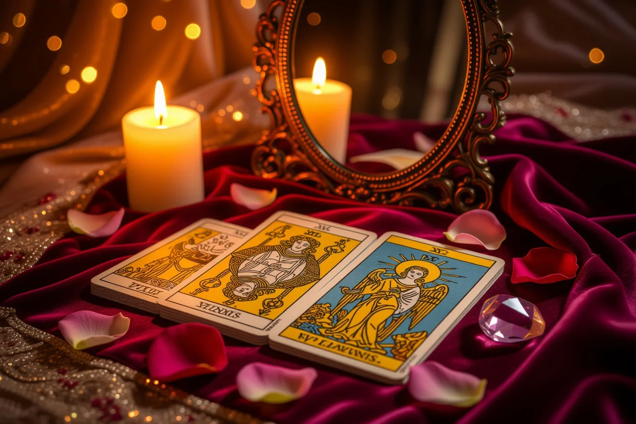 恋愛タロットカードで自分自身を見つめる神秘的なシーン