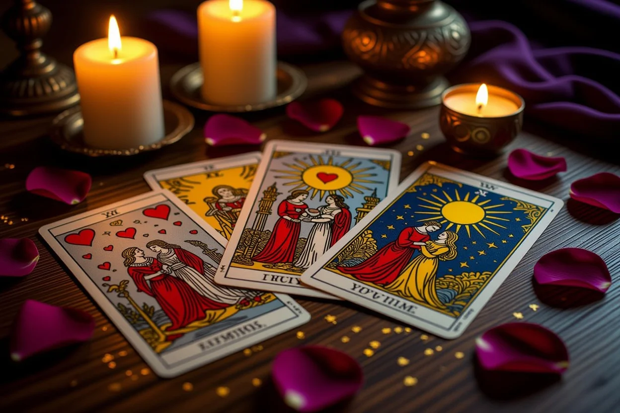 恋愛タロットカードのスプレッド、キャンドルライトで照らされた神秘的な雰囲気
