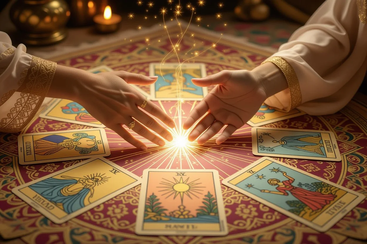 タロットカードで結ばれる二人の手、恋愛関係の未来を示すスプレッド