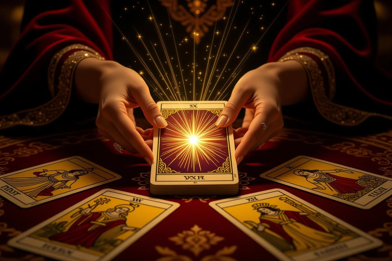 光り輝くタロットカードをめくる瞬間、恋愛の秘密が明かされる神秘的なシーン