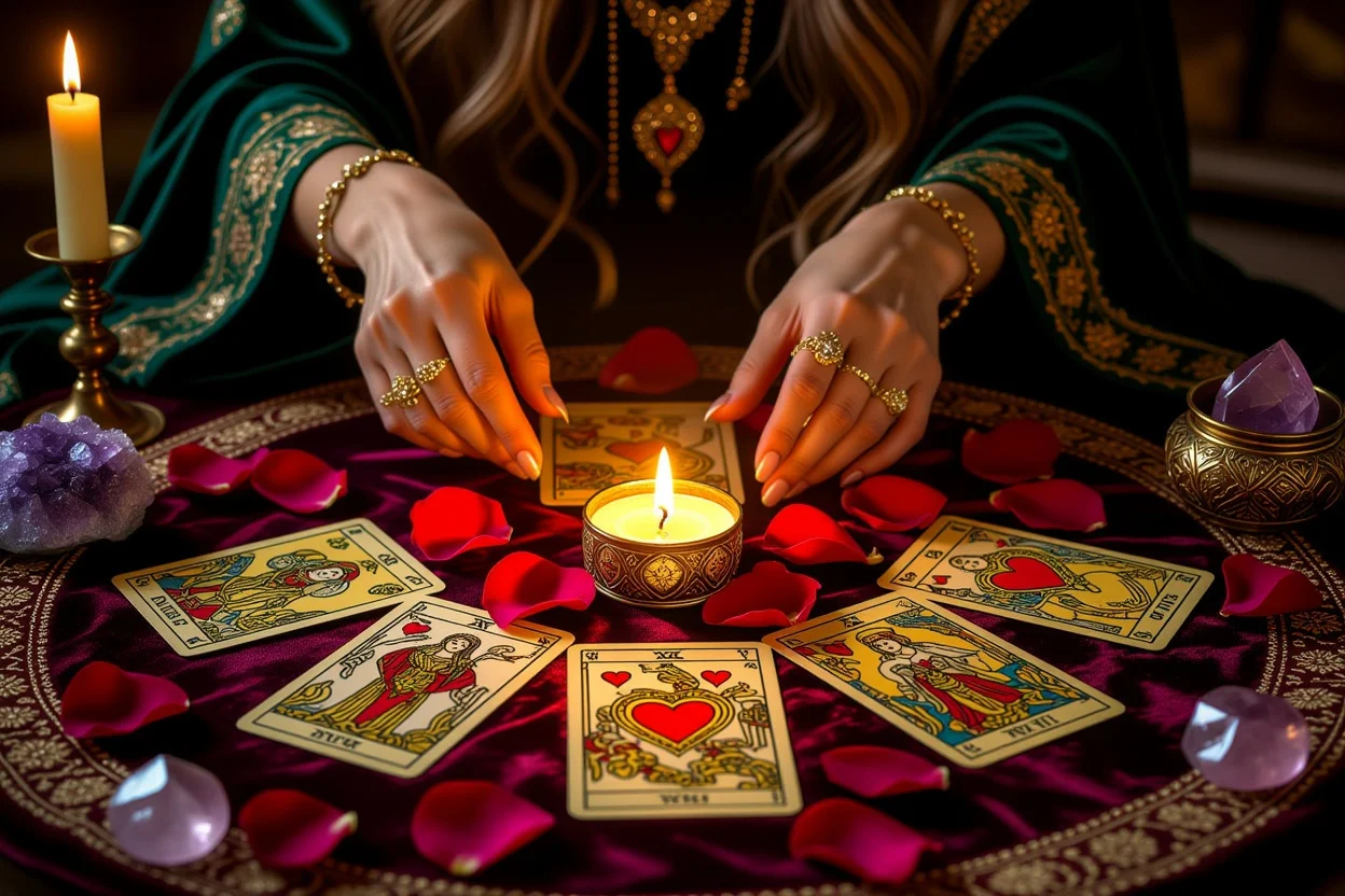 恋愛タロット占いの神秘的なシーン、ロマンチックなカードリーディング