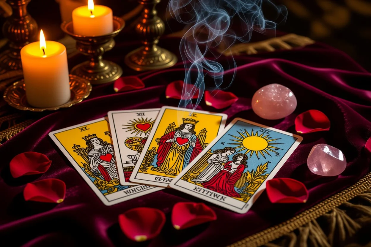 恋愛タロット占いのロマンチックな雰囲気の画像、キャンドルとバラの花びらに囲まれたカード