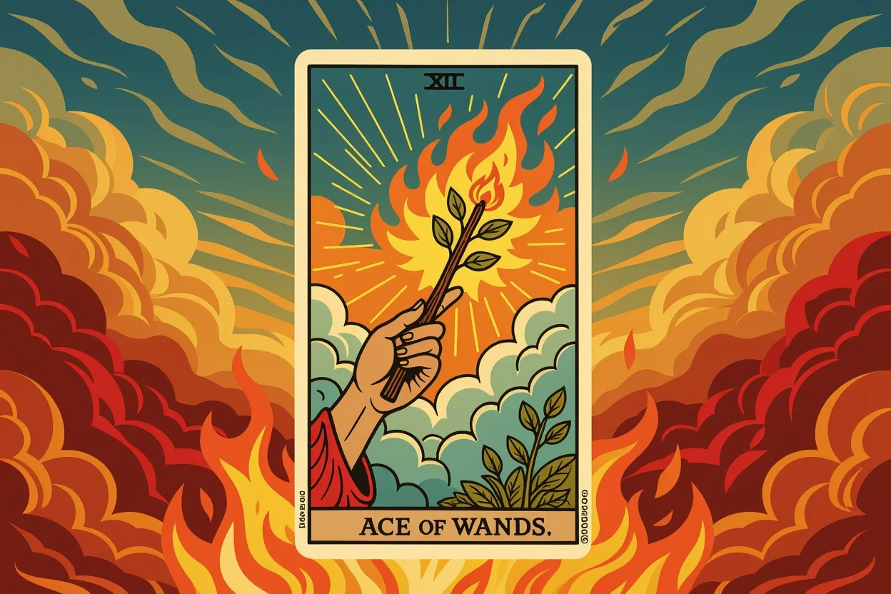 ワンドのエースタロットカード、新しい恋の始まりを象徴する炎と情熱のイメージ