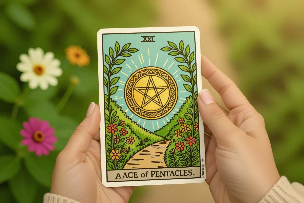 ペンタクルのエースタロットカード、安定した関係と現実的な愛の進展を表す自然のイメージ