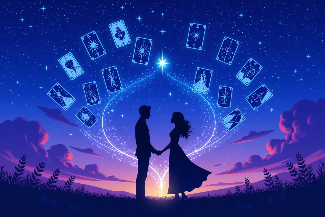 運命的な出会いを表現したタロットガイダンスのイメージ、星空の下での新しい恋の始まり