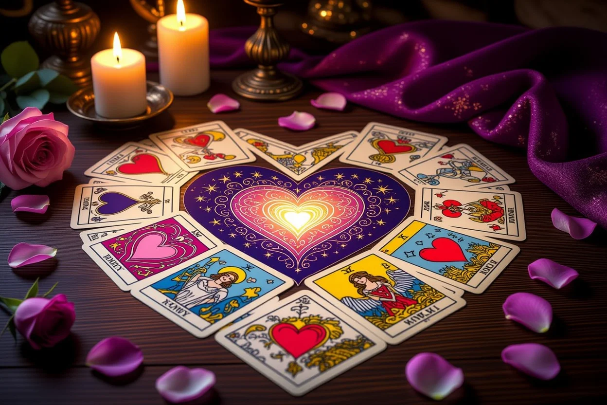 恋愛タロット占いのカード配置と神秘的な雰囲気の画像