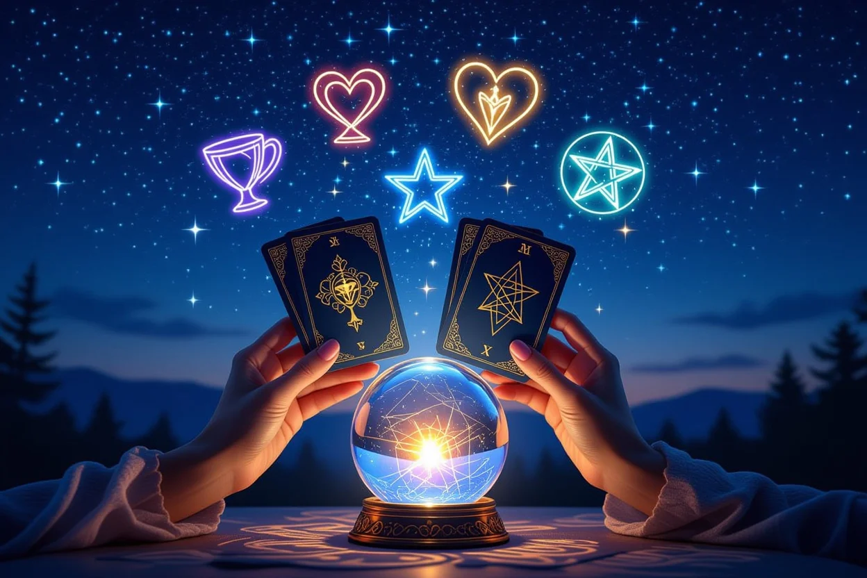タロット占い師の手とカードで恋愛の運命を読み解く神秘的なシーン