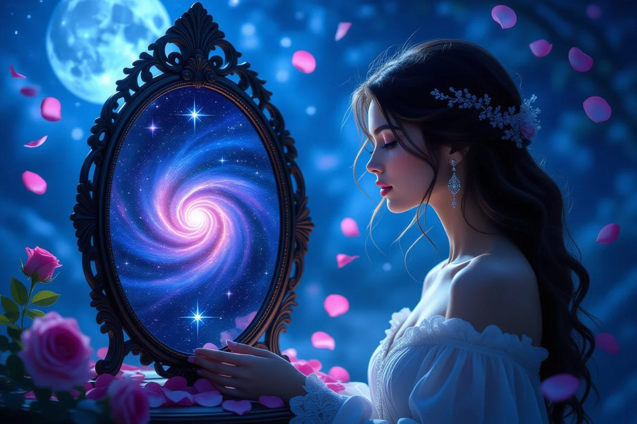 自分の本当の恋愛の望みを見つめる女性のスピリチュアルなイメージ