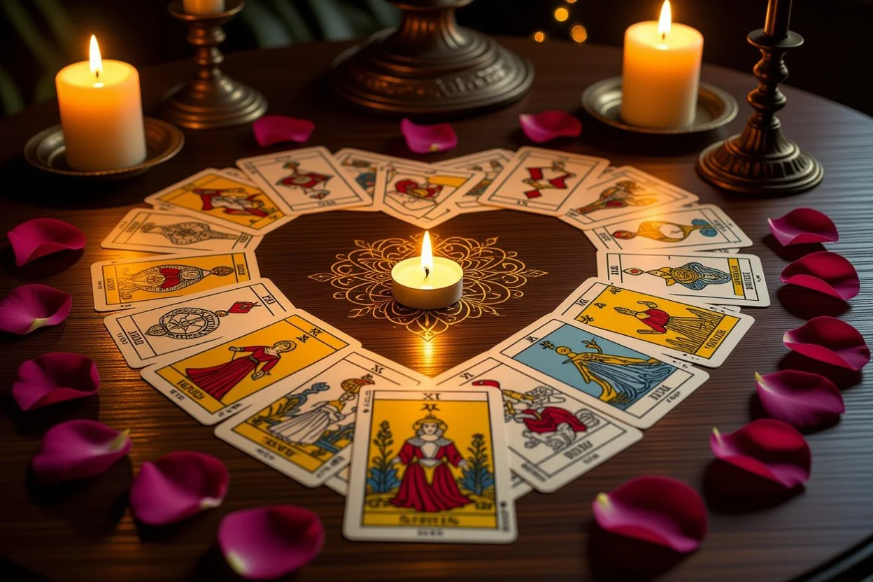 恋愛タロット占いのマイナーアルカナカードスプレッド、キャンドルとバラの花びらに囲まれた神秘的な雰囲気