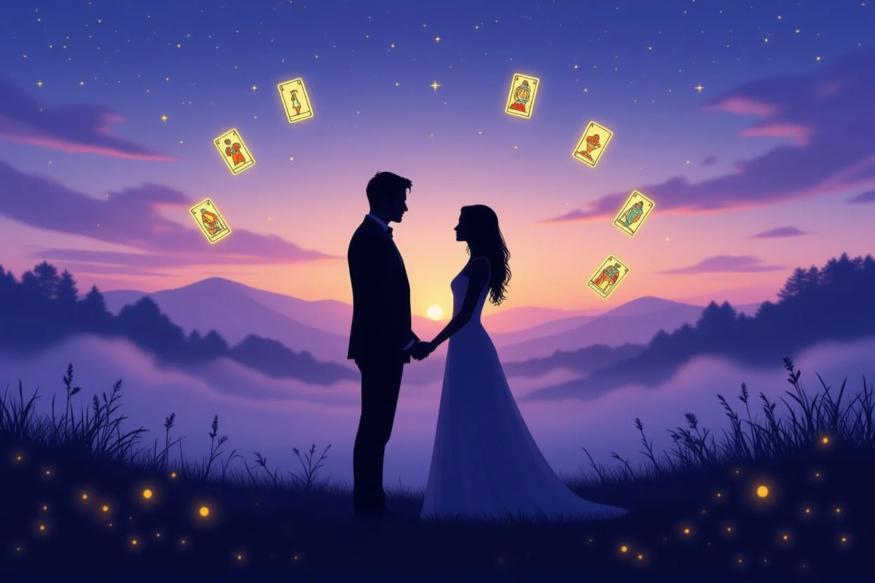 関係の課題とすれ違いを表現した恋人のシルエットとタロットカード、神秘的な夕暮れの背景