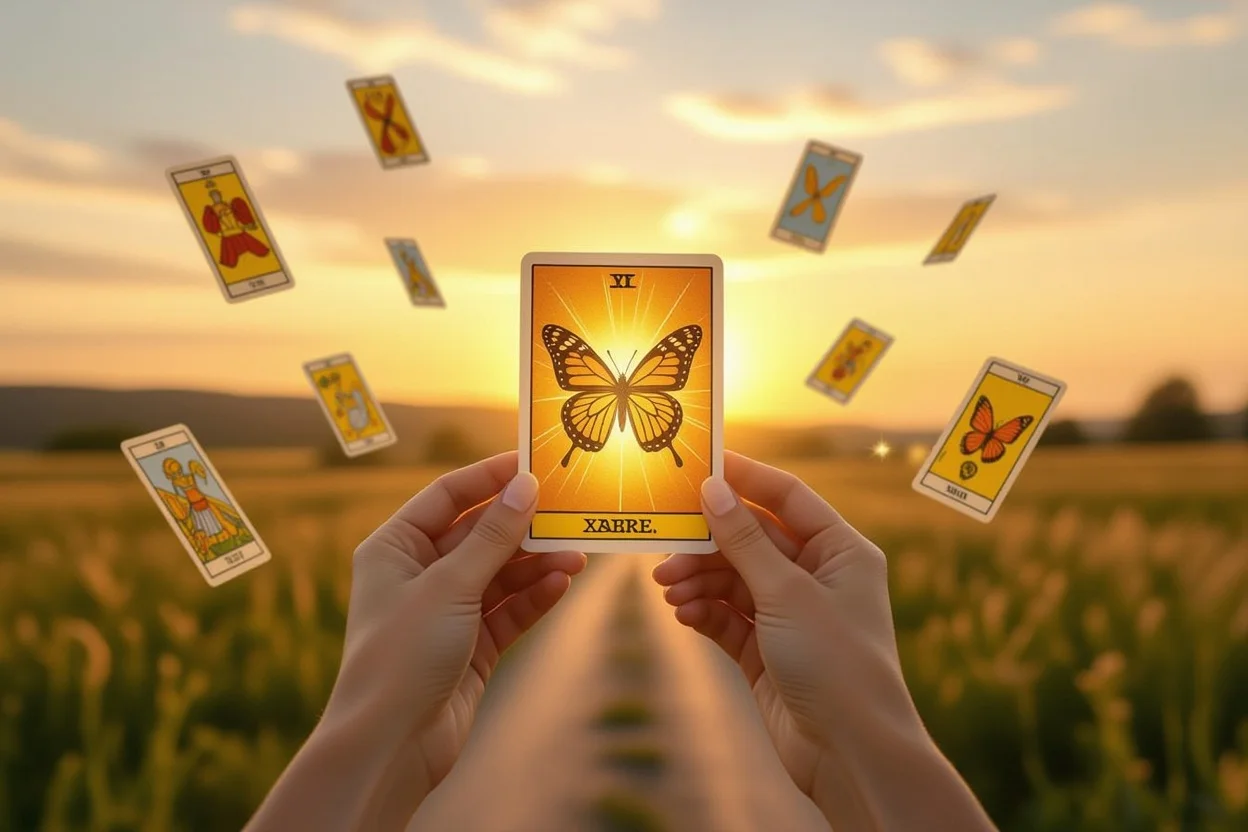 自己成長と変化を象徴するタロットカードから舞い立つ蝶、希望に満ちた夜明けの道