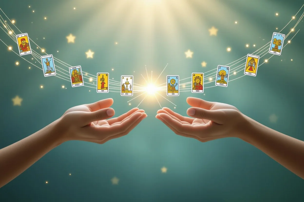 コミュニケーションと理解を表現する二つの手とタロットカードの光の橋、星空の神秘的背景