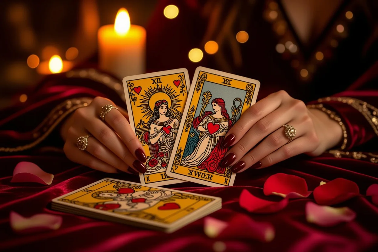 キャンドルライトに照らされた恋愛タロットリーディングの神秘的な場面
