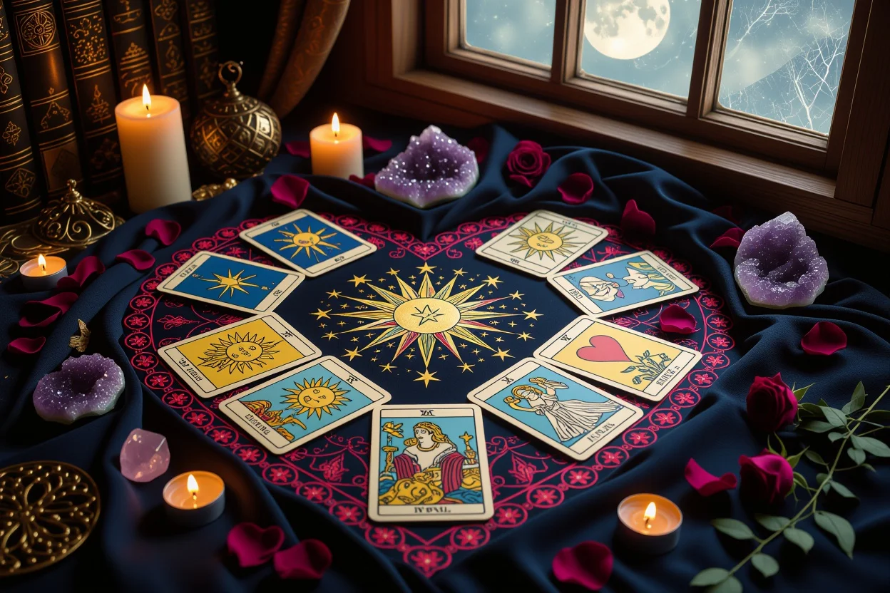 ハート型に並べられた恋愛タロットスプレッド、深い関係性を占う神聖な儀式