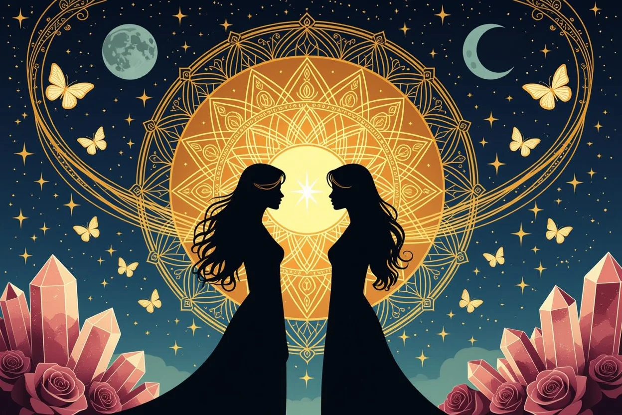魂の絆を表現するタロットアート、二人を繋ぐ宇宙的な愛のエネルギー