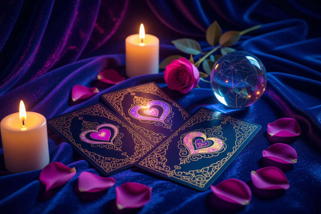 恋愛タロット占いカードスプレッド、ロマンチックな雰囲気の神秘的なタロット鑑定シーン