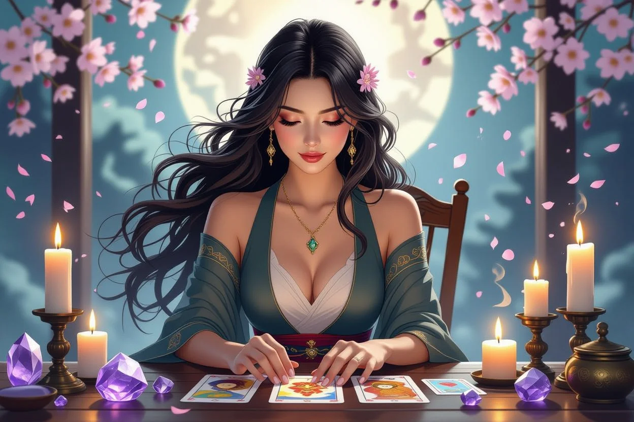 恋愛タロット鑑定師による神秘的な恋愛占いセッション、運命の愛を読み解く様子