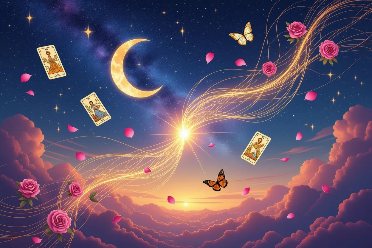 運命の愛と恋愛タロットの神秘的な力を表現した幻想的なアート、魂の結びつき