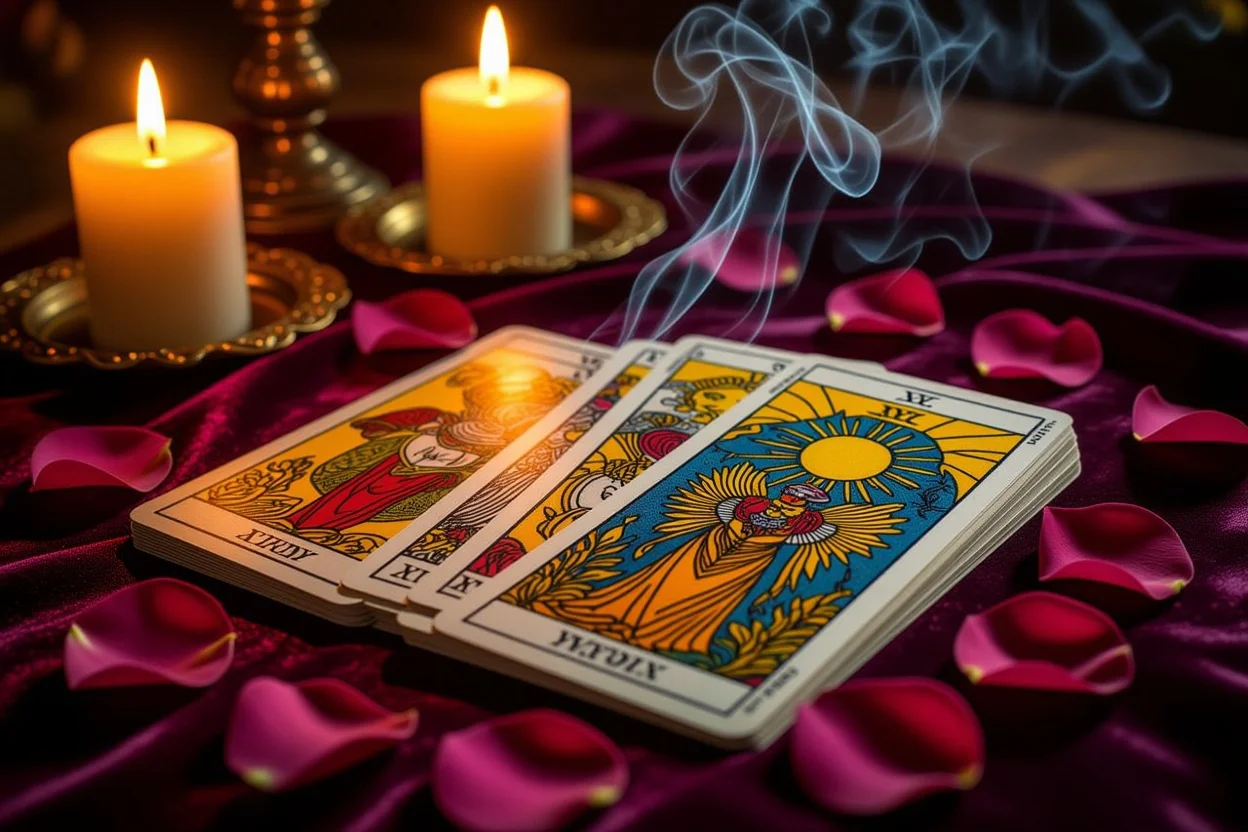 恋愛タロット占いの神秘的なシーン、キャンドルライトとバラの花びらに囲まれたタロットカード
