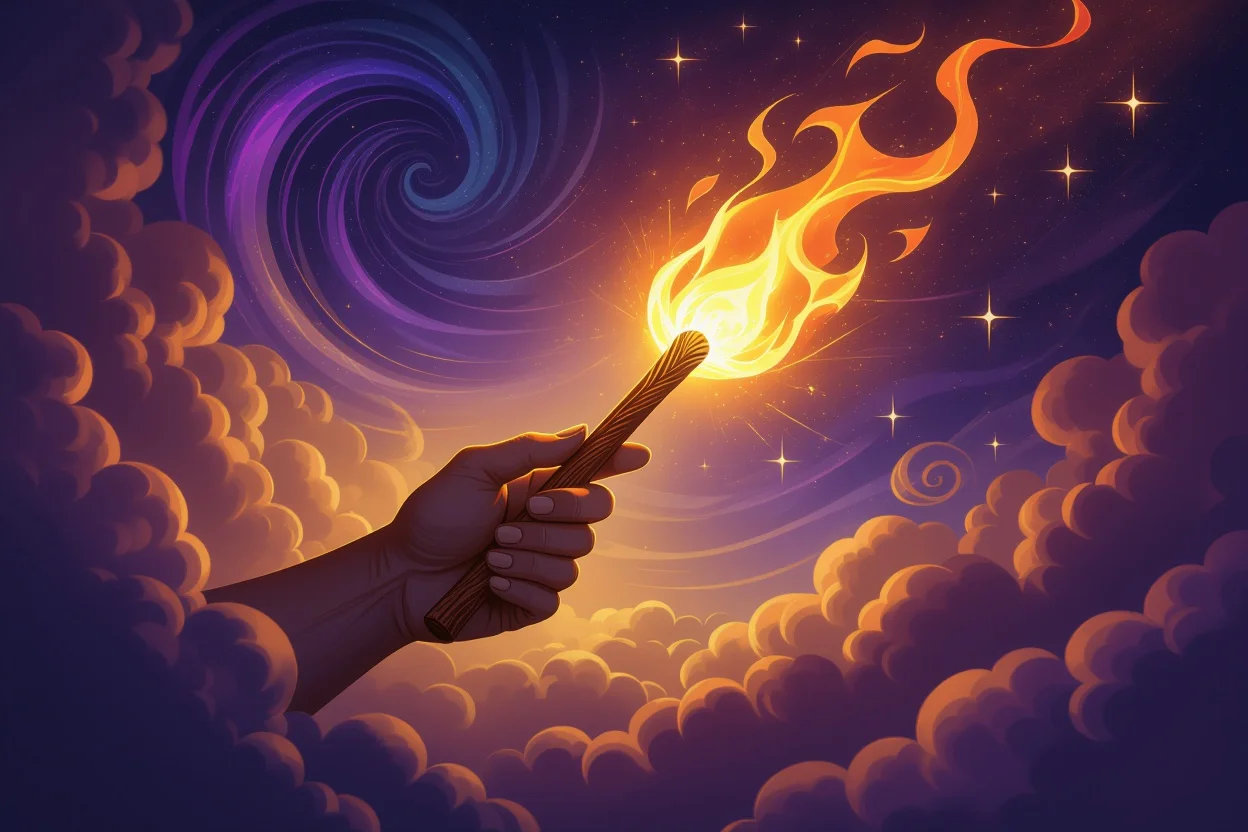 ワンドのエースタロットカード、情熱と新しい恋の始まりを象徴する神秘的な光に包まれて