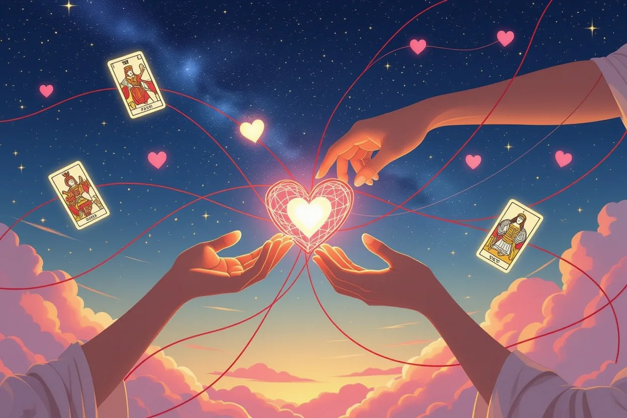 運命の赤い糸を紡ぎ直す神秘的なシーン、恋愛の運命を変える力を表現