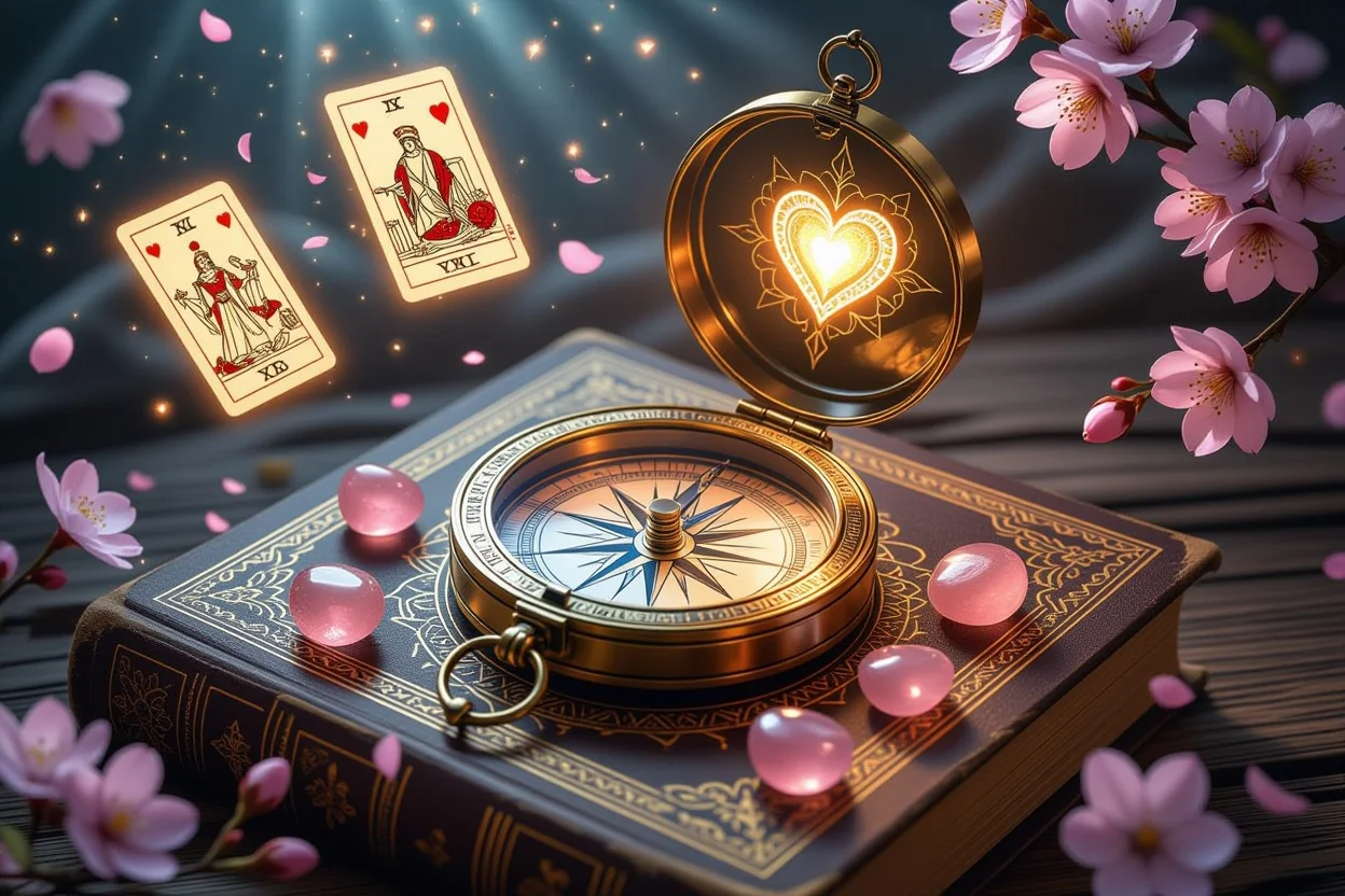 心の羅針盤として輝くコンパス、恋愛の道しるべとなるタロットカードに囲まれた神秘的な情景