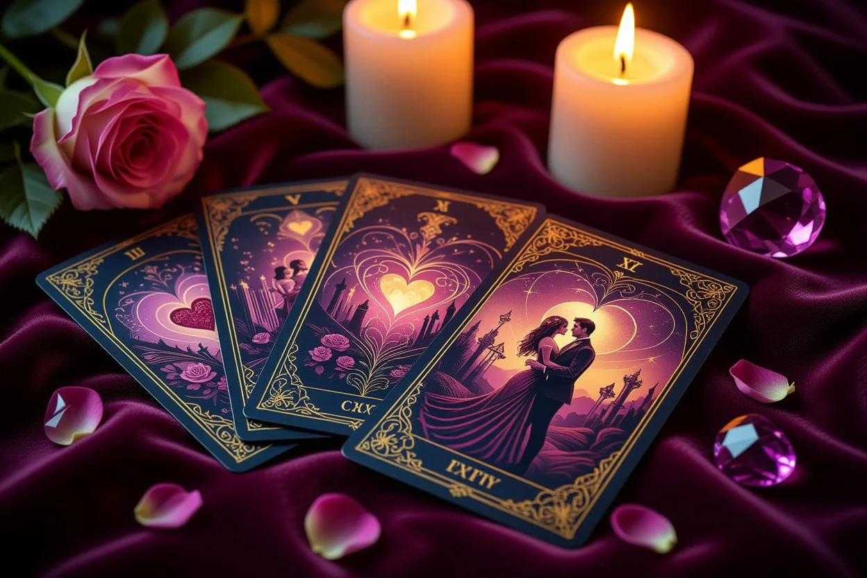 恋愛タロットカードの美しいスプレッド、ろうそくの光で照らされた神秘的な占いの様子