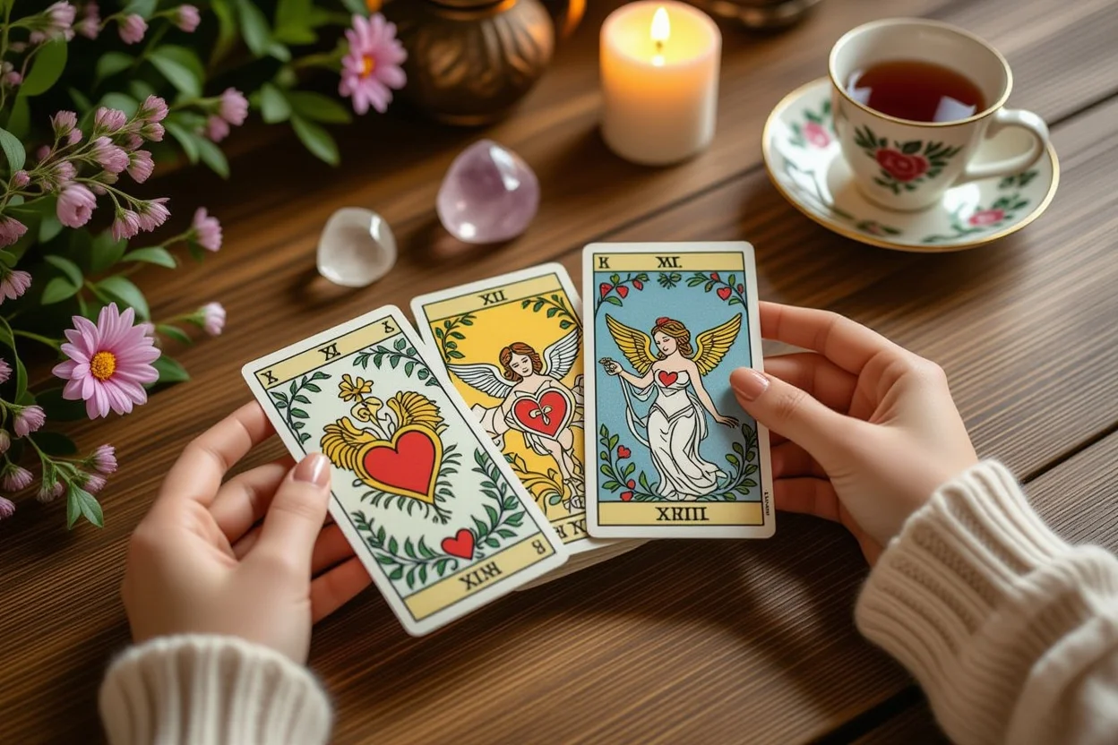 恋愛タロット占いを行う女性の手、3枚のカードスプレッドで恋愛運を読み取る様子