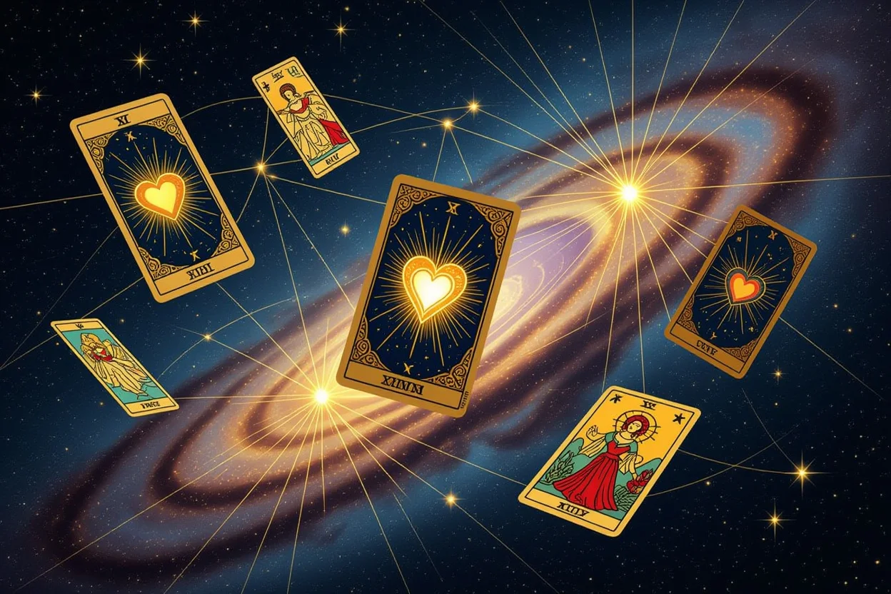 運命の糸で結ばれた恋愛タロットカード、宇宙空間に浮かぶ神秘的な恋愛占いのイメージ