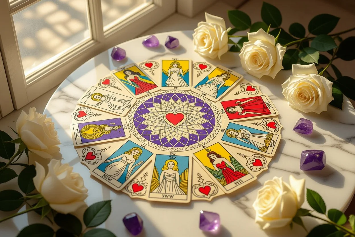 恋愛の様々な段階を表すタロットカードの円形配置、恋愛運と恋愛関係の未来を占う神秘的な配置