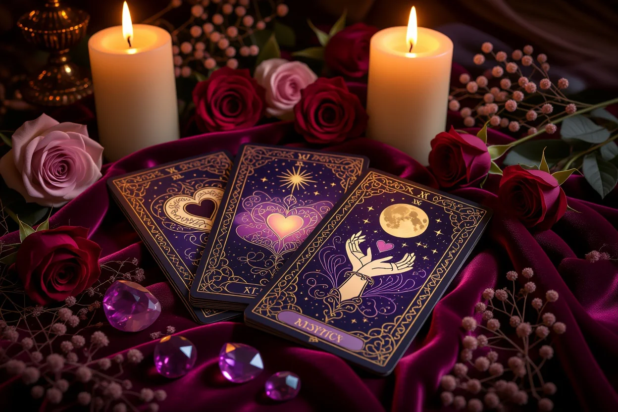 恋愛タロットカード占い、ロマンチックな雰囲気のタロットスプレッド、神秘的なキャンドルライト