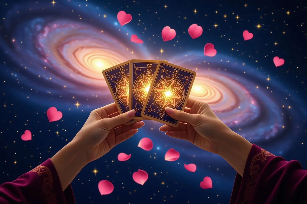 タロットリーダーの手と輝くカード、宇宙的な恋愛占い、スピリチュアルな愛の導き