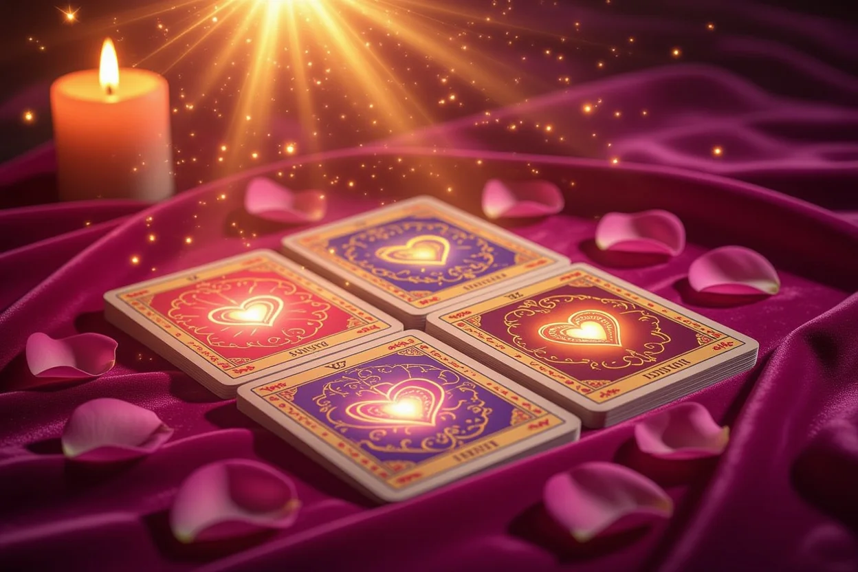 恋愛タロットカードの輝きとポジティブエネルギーを表現した神秘的な画像