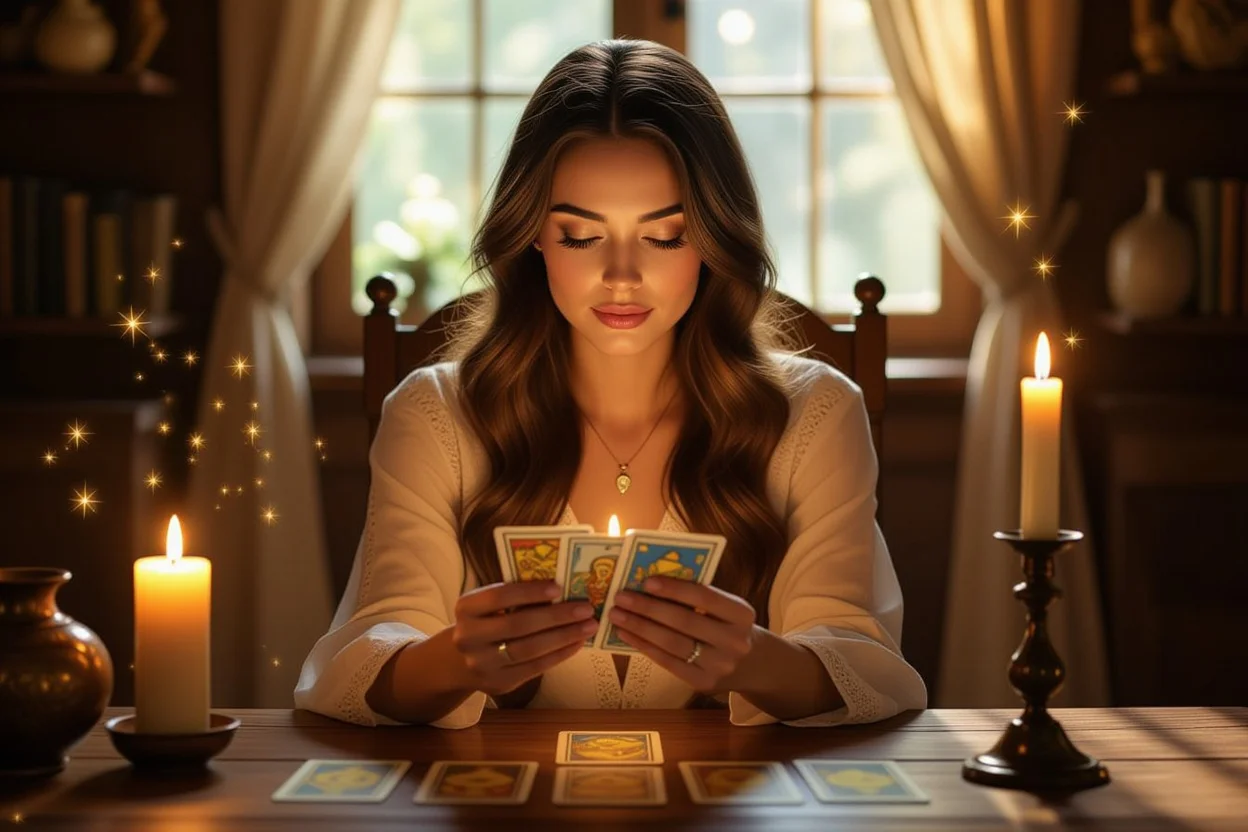恋愛タロットカードの声を聞く女性の神秘的なイメージ