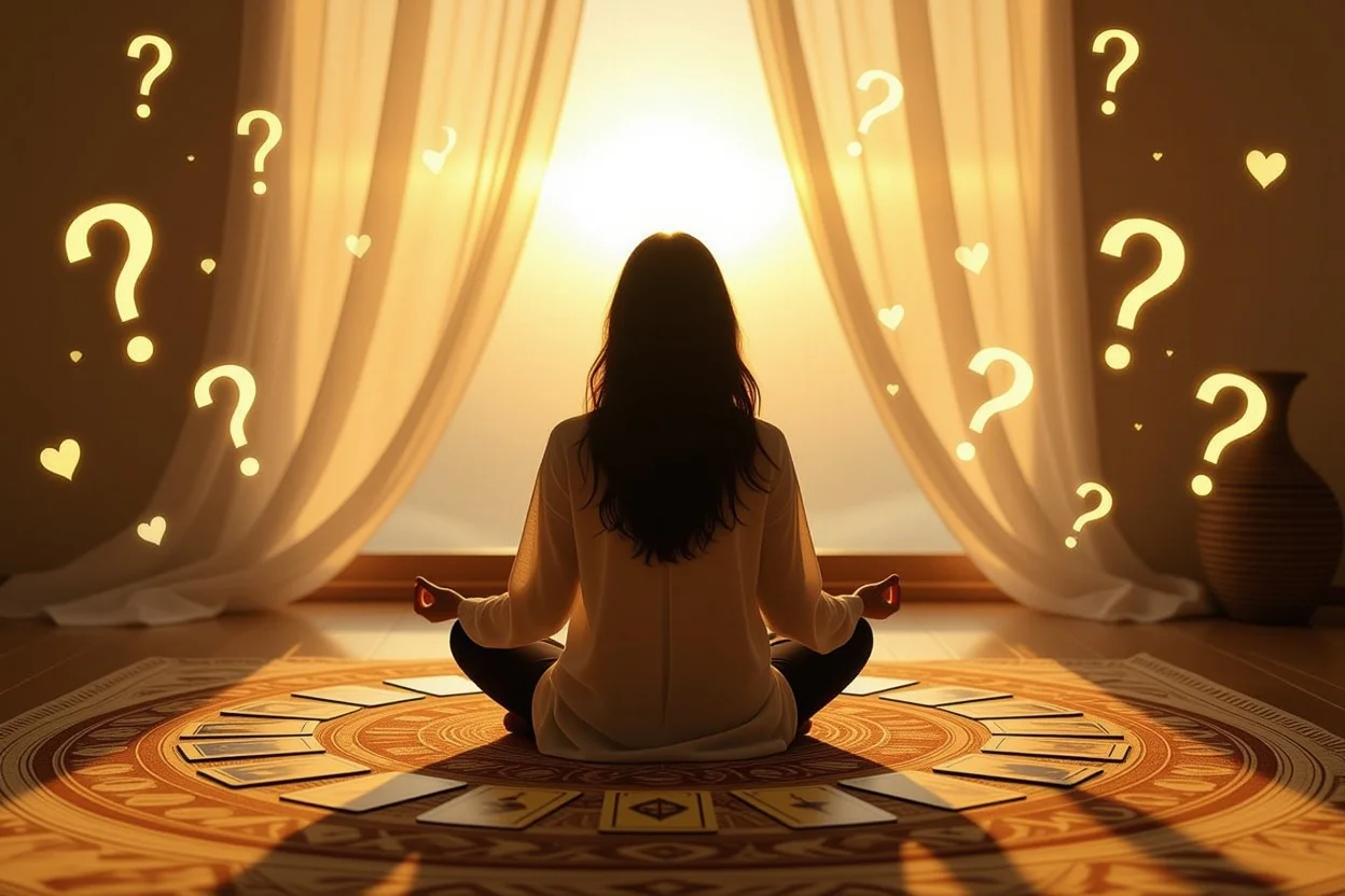 タロットの質問と洞察を受け取る瞑想的なシーン