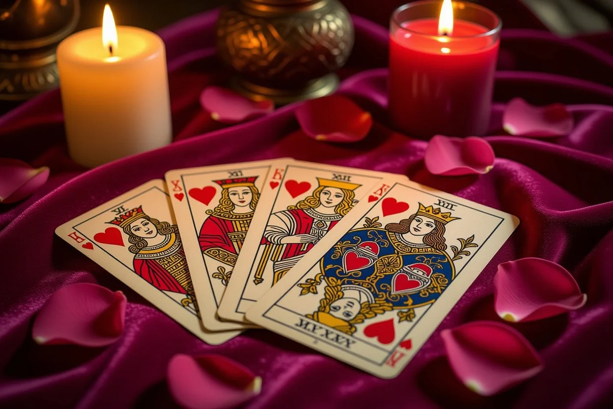 恋愛タロットカードが美しく広げられた神秘的な占いの場面